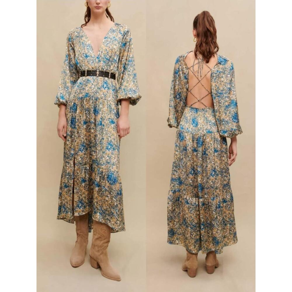 NWT Maje Ritache Abstract Multicolor 3/4 Puff Sleeves Open Back Maxi dress 34